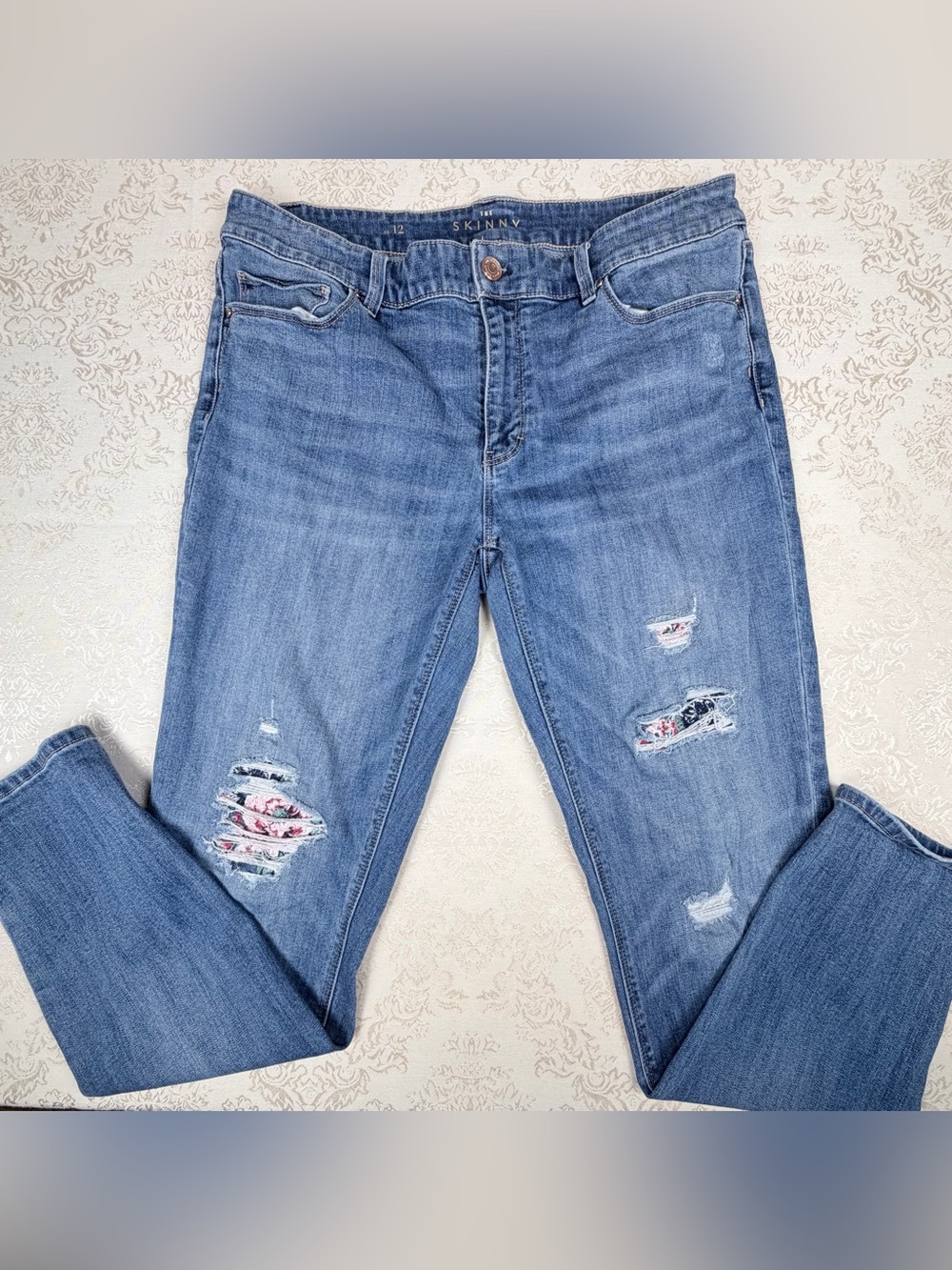 White House Black Market Women's Skinny Jeans with Floral Patch Distress, 12